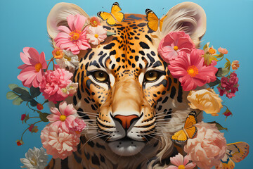 Wall Mural - A painting of a leopard with flowers on its head, a butterfly on its nose, with a blue sky background,