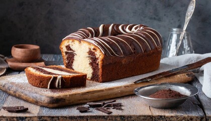 Poster - Classic marble cake on a cutting board. Moist and fluffy, with a delicious chocolate swirl 