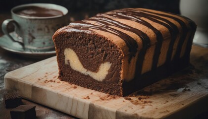 Wall Mural - Classic marble cake on a cutting board. Moist and fluffy, with a delicious chocolate swirl 