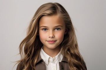 A young girl with long hair wearing a white shirt stands against a plain background.