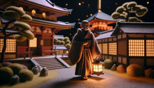 Generative AI Image Of A Serene Scene With A Monk Holding A Lantern Walking Through A Snowy Temple Compound At Night, Exuding A Sense Of Peace And Tranquility. Set Made In Felt Material