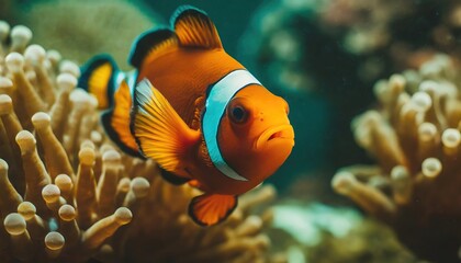 Wall Mural - Close up of a brightly colored Clown fish swimming among the coral in aquarium tank 