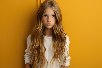 young girl with lengthy hair standing confidently in front of a vibrant yellow wall.