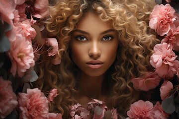 Poster - A woman with long curly hair stands surrounded by a vibrant arrangement of pink flowers.