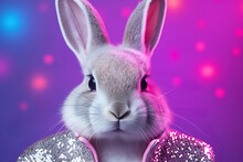 Generative AI Illustration Of Elegant Rabbit Captivates With Its Sparkling Silver Coat Against A Dynamic Purple And Pink Bokeh Background