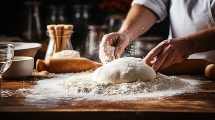 Wall Mural - A candid shot of a baker dusting flour onto a work surface