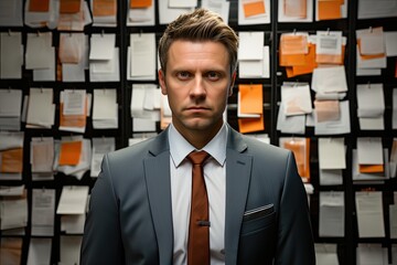 Poster - A man in a suit and tie stands confidently in front of a wall of papers, showcasing his professional demeanor.