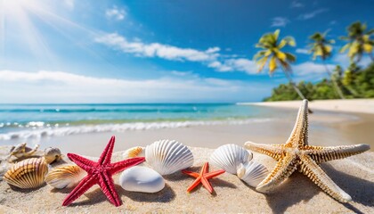 Wall Mural - Seashells and starfish on the beautiful tropical beach and sea with blue sky background. Summer vacation concept