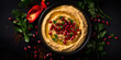 Classic oriental appetizer - baked peppers hummus with greens and arugula in a white plate on a wooden, food, vegetable, hot, chicken, generative AI
