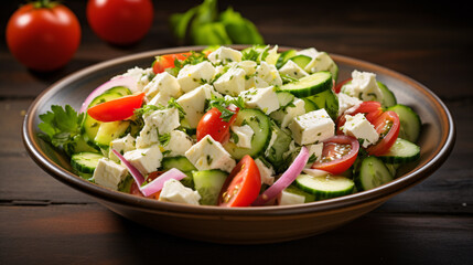 Wall Mural - Greek salad consisting of cheese and seasonal vegetables.