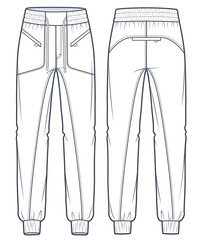 Wall Mural - Jogger Pants technical fashion illustration. Denim Pants fashion flat technical drawing template, pocket, elastic waistband, front and back view, white color, women, men, unisex CAD mockup.