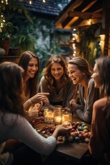 Wall Mural - A group of women knitting together in a cozy living room with a fireplace in the background