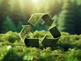 Fototapeta  - The recycling symbol made of moss stands in the midst of a fresh green forest.