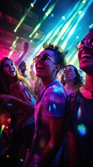 Wall Mural - A group of young people dancing and laughing together in a packed nightclub