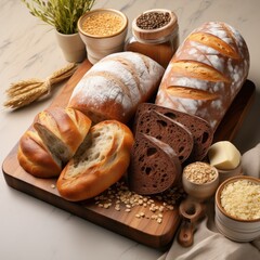 Wall Mural - A flat lay of a wooden cutting board with a variety of artisanal breads, including sourdough