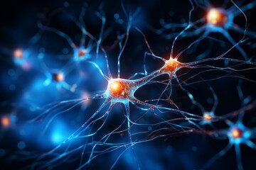 Wall Mural - neuron cells neural network under microscope neuro research science brain signal information transfe