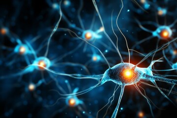 Wall Mural - neuron cells neural network under microscope neuro research science brain signal information transfe