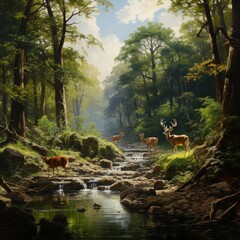 Sticker -  tranquil river flowing through the lush forest, with a variety of animals visible.