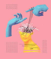abstract human brain and human hands, drawn style. creative idea symbol, art design or collage isola
