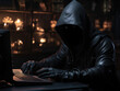 Criminoso hacker atuando para aplicar crime cibernético na internet, perigo, golpe virtual nas compras online.