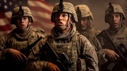 Wall Mural - Soldiers in full gear looking at camera on american national flag background. USA. Independence Day. July 4 Concept. Patriotism Concept. Military Concept.