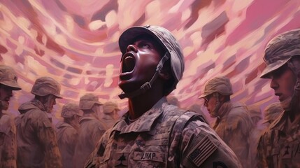 Wall Mural - A soldier in a military uniform screams into the camera. Action. USA. Independence Day. July 4 Concept. Patriotism Concept. Military Concept.