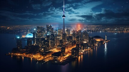 Wall Mural - a city skyline at night, featuring sleek and modern buildings with clean lines and bold architecture