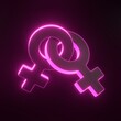 © Andrii - Female symbols intertwined with each other with bright glowing futuristic pink neon lights on black background. Sexual symbols. Sign of venus. Gender icon. Woman symbol. 3D render illustration