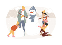 Building A Snowman Isolated Concept Vector Illustration. Fun Activity, Winter Season Entertainment, Christmas Holiday, Building With Snow, Create Snowman, Family Outdoor Leisure Vector Concept.