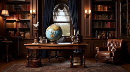 Wall Mural - A vintage-inspired study room with antique furniture, a globe, and warm lighting.