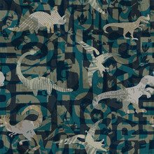 Seamless Pattern With Letters And Dinosaurs Silhouette. Typography Background For Textile, Fabric, Stationery, Clothes, Pajamas And Other Designs. ABC Ornament With Dinosaurs.