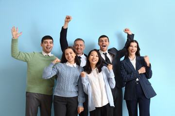 Sticker - Happy business people on blue background