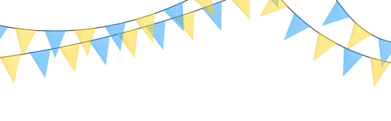 Wall Mural - Blue and yellow bunting garlands with flags made of shredded pieces of fabric. Decorative multicolored party pennants for festival, party celebration.