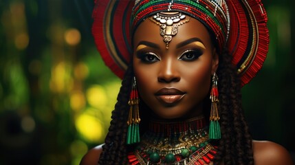 Wall Mural - African woman wearing traditional national clothing and head wrapper. Black History Month concept. Black beautiful lady close-up portrait dressed in colourful cloth and jewellery. .