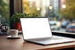 © Sebastian - A laptop with a blank screen on a tidy desk with a cup of pens. Concept of productivity and remote work. Generative Ai.