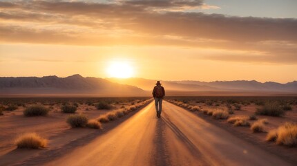 Man adventurer with backpack walking on dusty path trough dessert, adventure and lifestyle concept background