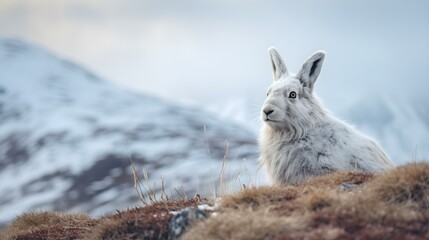 Wall Mural - Mountain Hare in Winter Coat on Snowy Highland