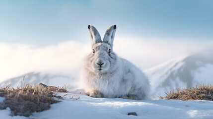 Wall Mural - Mountain Hare in Winter Coat on Snowy Highland