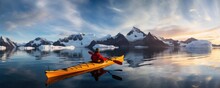 Winter Kayaking , Man Paddling On Sea Kayak Between Icebergs.  Generative Ai