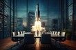 Rocket launch in meeting room, concept of successful startup and new ideas. Generative AI