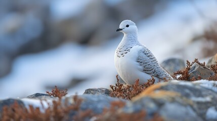 Wall Mural - White Ptarmigan in Winter Camouflage among Rocks