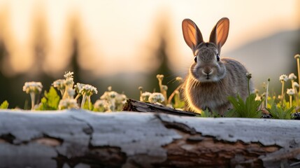 Wall Mural - Mountain Cottontail Rabbit peeking out from a log