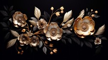 Beautiful Golden Flowers With Black Leaves Isolated On A Dark Black Background. Creative Mystery Concept. Elegant Love And Passion Floral Idea. 3d Illustration