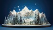 a winter wonderland Christmas cake, meticulously crafted to depict a snow-covered mountain landscape with edible snow and sugar pine trees.