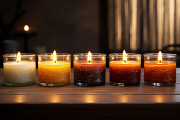 Poster - A series of aromatic candles burning in various scents, creating a soothing ambiance. Concept of relaxation and aromatherapy. Generative Ai.