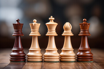 Poster - A series of finely crafted wooden chess pieces on a chessboard, symbolizing strategic thinking and intellectual challenge. Concept of strategic gameplay. Generative Ai.