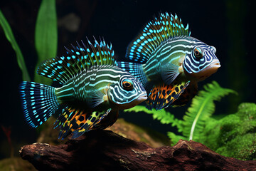 Unusual tropical aquarium fish, underwater world