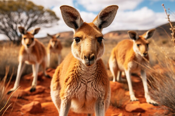 Poster - A group of kangaroos bounding across the Australian outback, embodying the unique and specialized adaptations of wildlife in distinct regions.  Generative Ai.