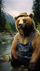 Poster - A brown bear wearing overalls and a hat. Generative AI.