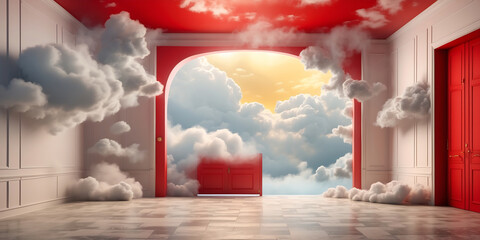 Wall Mural - 3d render, abstract background. Clouds flying inside the red room. Architectural showcase scene with empty pedestal.